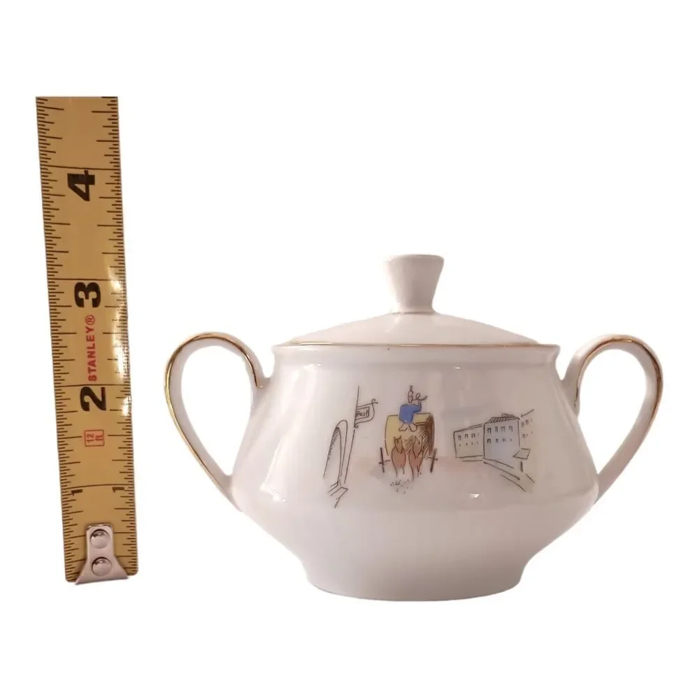 Bareuther Germany Porcelain Sugar Bowl Horse Carriage Street Scene‎ 8010 Vintage